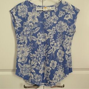 C&C California 100% Linen Blue Floral Cap Sleeve Top Size M
